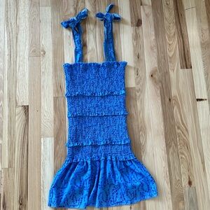 Floral square neck ruffle tie mini smocked dress